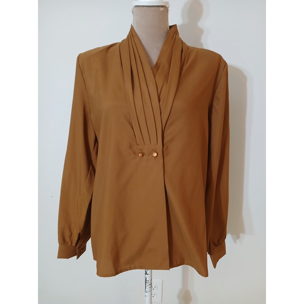 Lauren Lee Vintage Tan Pleated Shawl Collar Blouse Size 12 Long Sleeve New Flaw